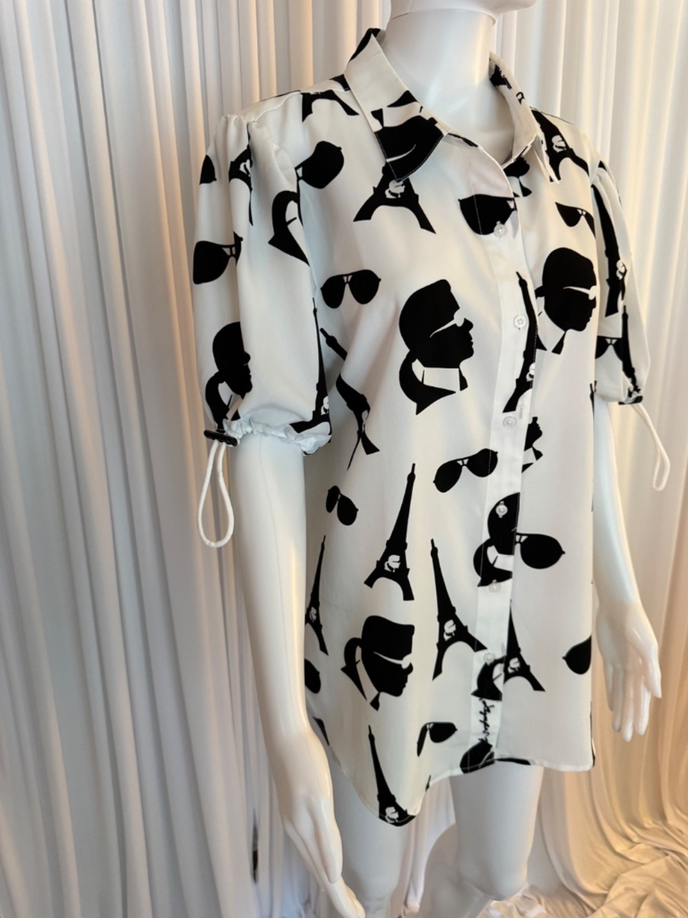 Karl Lagerfeld Paris Eiffel Tower Graphic Blouse L NWOT Toggle Sleeve Shirt - Picture 5 of 16
